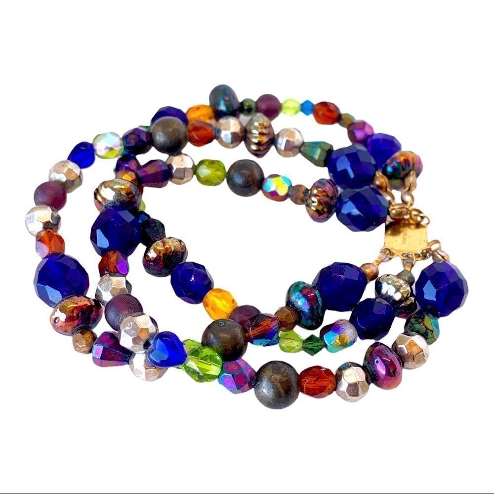 Artist made glass bead bracelet gold vermeil filagree clasp blue-silver-green